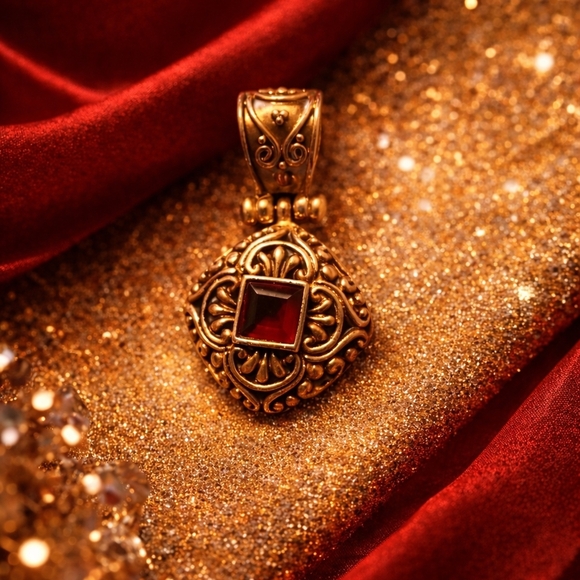 925 Sterling Silver Jewelry - Elegant Gold Pendant with Red Gemstone  925 Silver